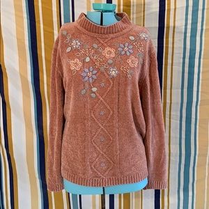 Vintage Pink Embroidered Beaded Floral Sweater